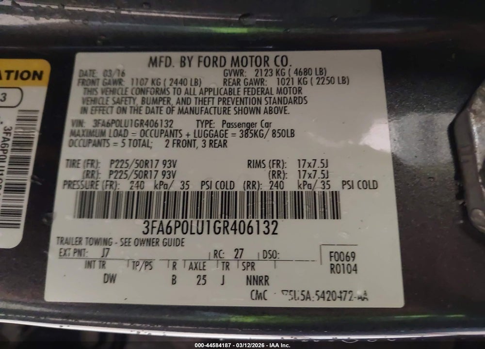 2016 FORD FUSION HYBRID SE VIN: 3FA6P0LU1GR406132