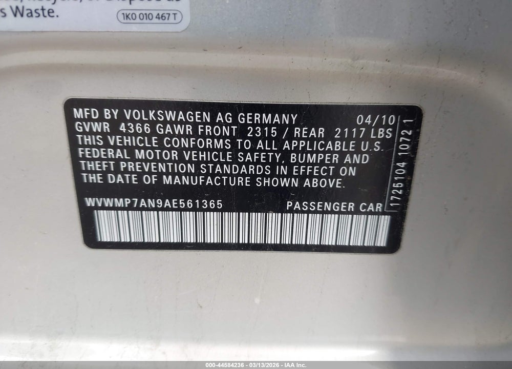2010 VOLKSWAGEN CC SPORT VIN: WVWMP7AN9AE561365