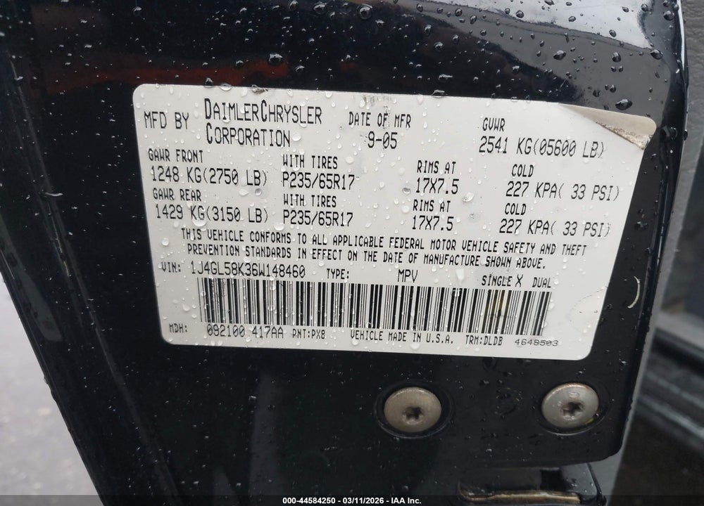 2006 JEEP LIBERTY LIMITED EDITION VIN: 1J4GL58K36W148460