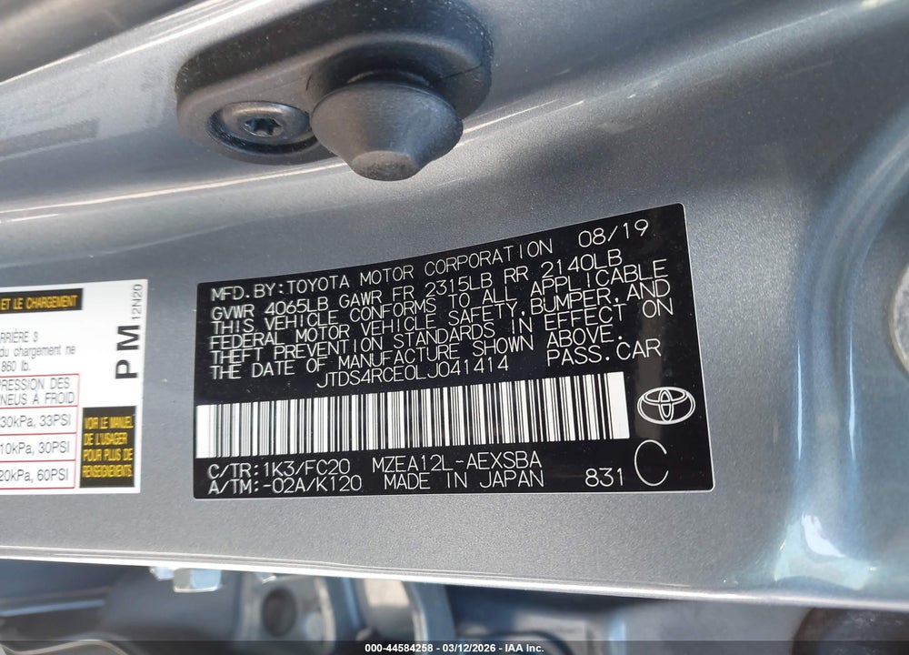 2020 TOYOTA COROLLA SE VIN: JTDS4RCE0LJ041414