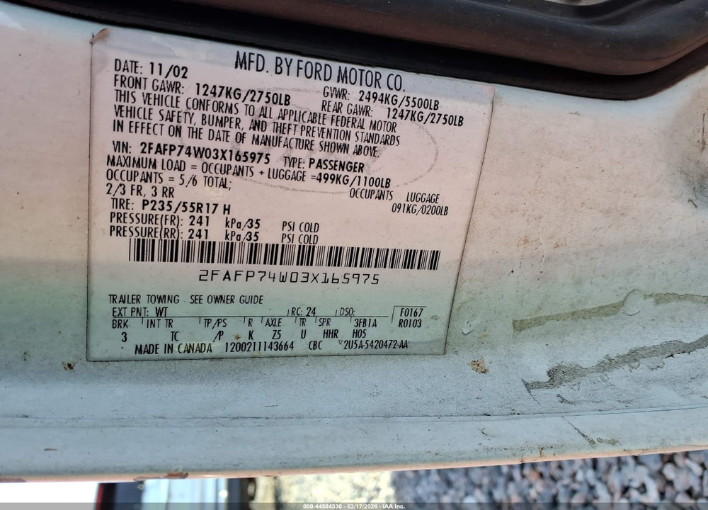 2003 FORD CROWN VICTORIA LX VIN: 2FAFP74W03X165975