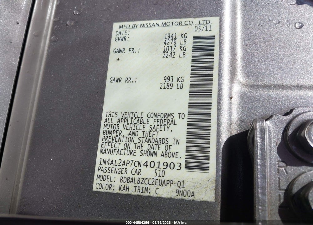 2012 NISSAN ALTIMA 2.5 S VIN: 1N4AL2AP7CN401903