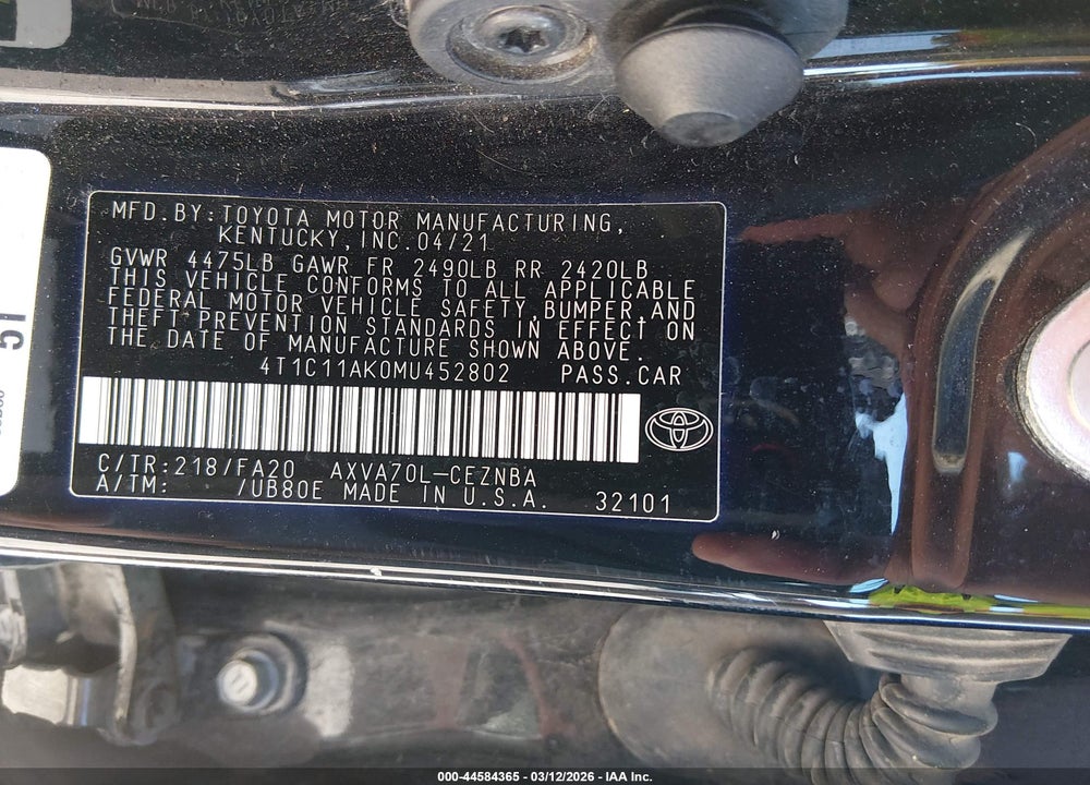 2021 TOYOTA CAMRY LE VIN: 4T1C11AK0MU452802