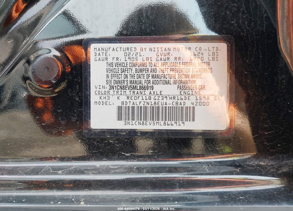 2021 NISSAN VERSA SV XTRONIC CVT VIN: 3N1CN8EV5ML866919
