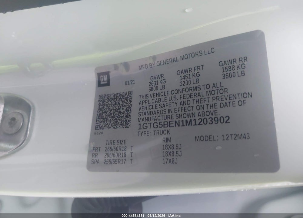 2021 GMC CANYON 2WD  SHORT BOX ELEVATION STANDARD VIN: 1GTG5BEN1M1203902