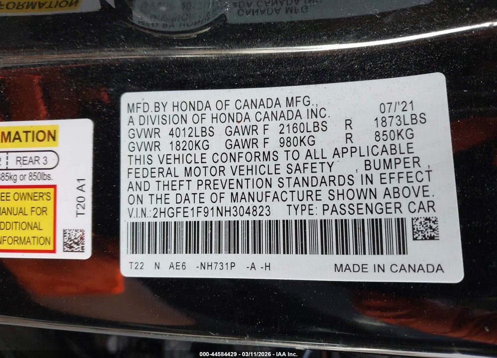 2022 HONDA CIVIC TOURING VIN: 2HGFE1F91NH304823