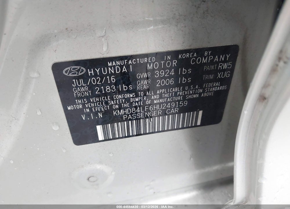 2017 HYUNDAI ELANTRA VALUE EDITION VIN: KMHD84LF6HU249159