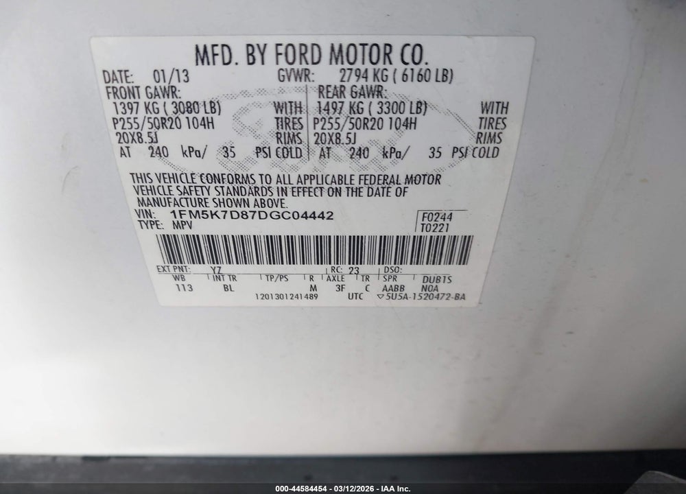 2013 FORD EXPLORER XLT VIN: 1FM5K7D87DGC04442