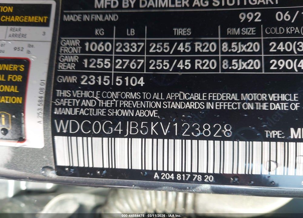 2019 MERCEDES-BENZ GLC 300 VIN: WDC0G4JB5KV123828