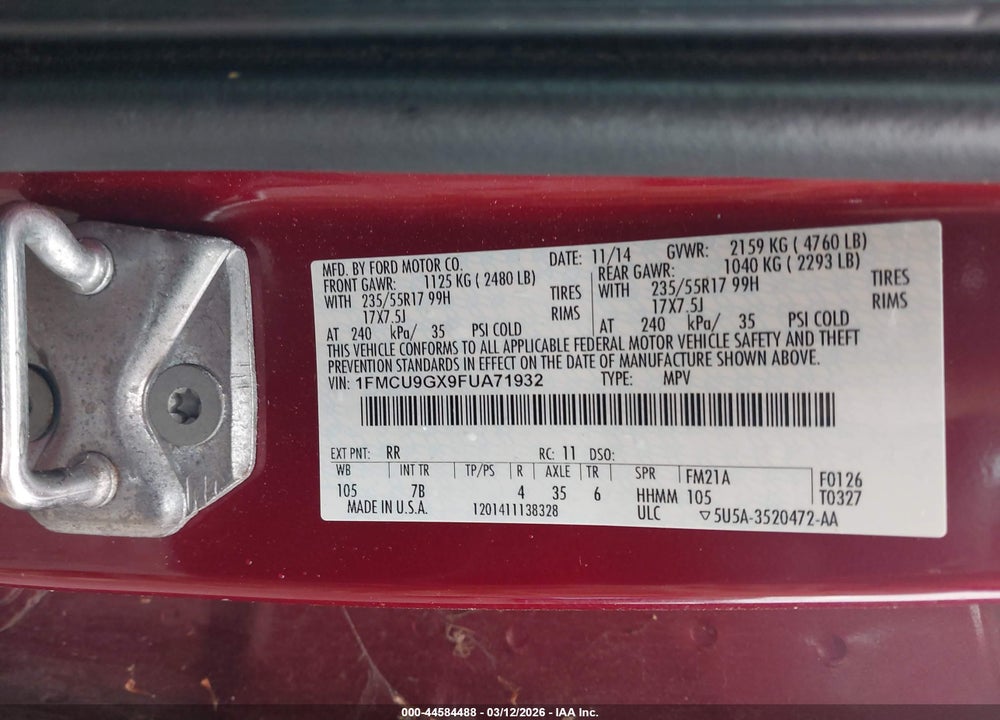 2015 FORD ESCAPE SE VIN: 1FMCU9GX9FUA71932