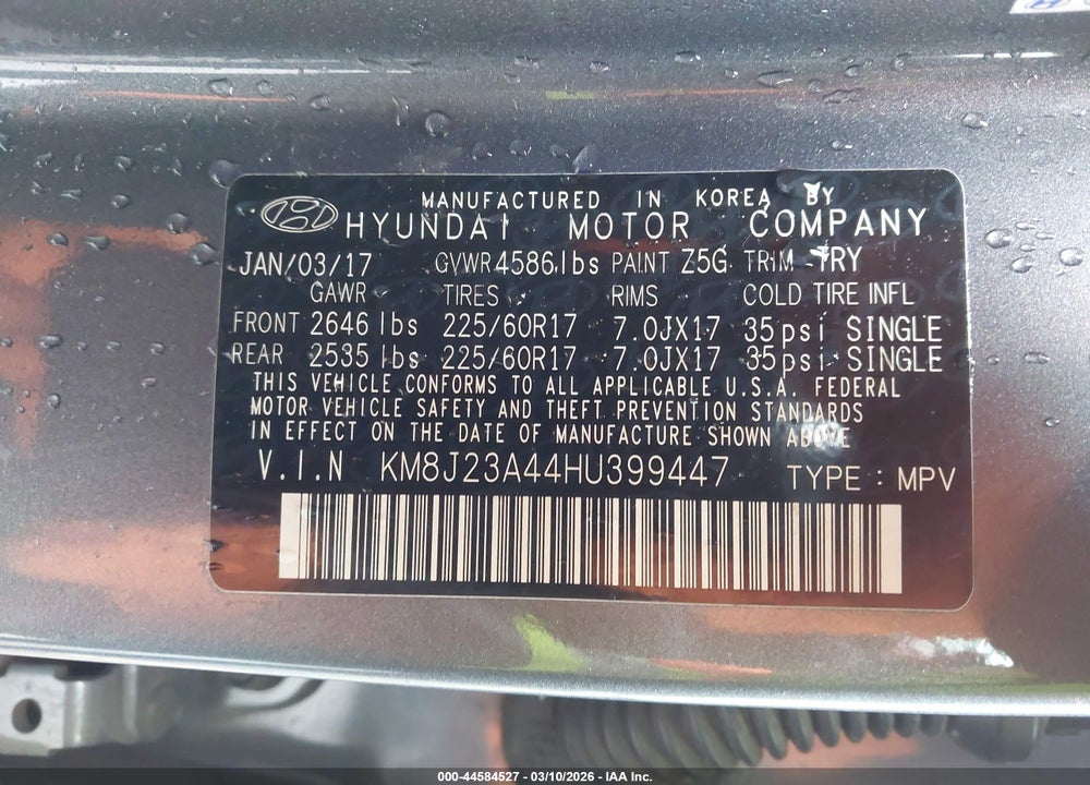 2017 HYUNDAI TUCSON SE VIN: KM8J23A44HU399447
