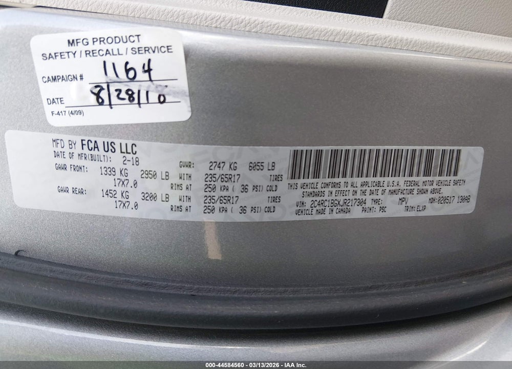2018 CHRYSLER PACIFICA TOURING L VIN: 2C4RC1BGXJR217304