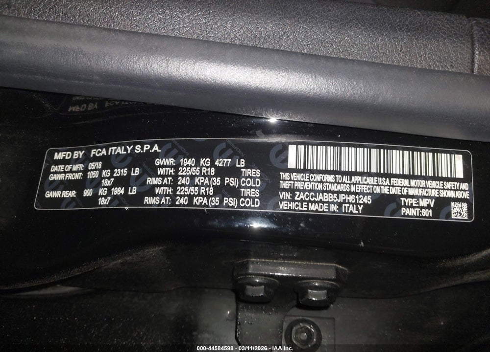 2018 JEEP RENEGADE ALTITUDE FWD VIN: ZACCJABB5JPH61245