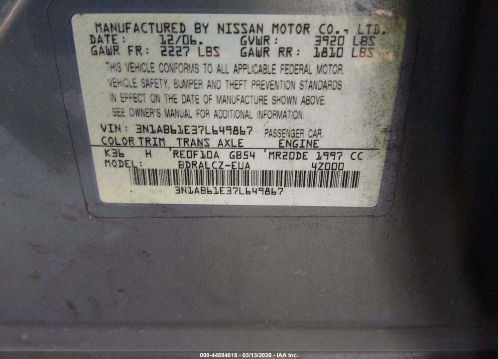 2007 NISSAN SENTRA 2.0 VIN: 3N1AB61E37L649867