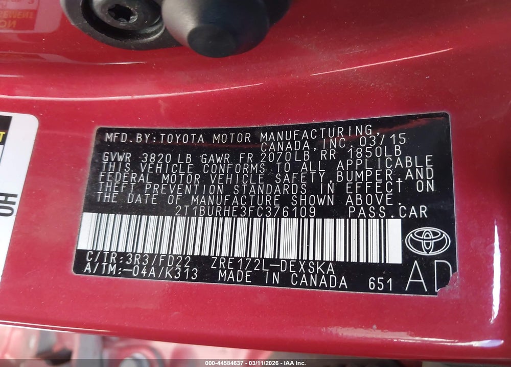 2015 TOYOTA COROLLA L VIN: 2T1BURHE3FC376109