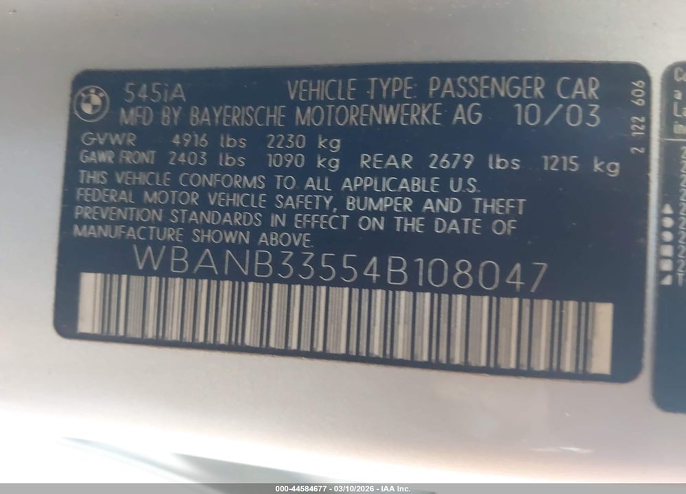 2004 BMW 545I VIN: WBANB33554B108047