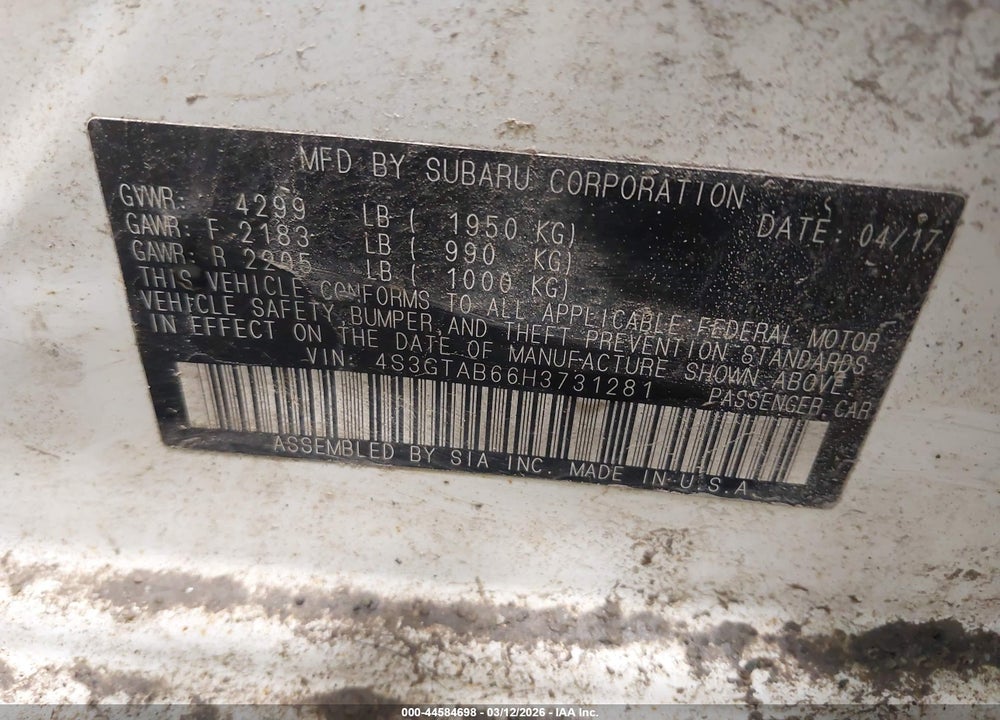 2017 SUBARU IMPREZA PREMIUM VIN: 4S3GTAB66H3731281