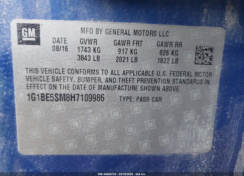 2017 CHEVROLET CRUZE LT AUTO VIN: 1G1BE5SM8H7109986