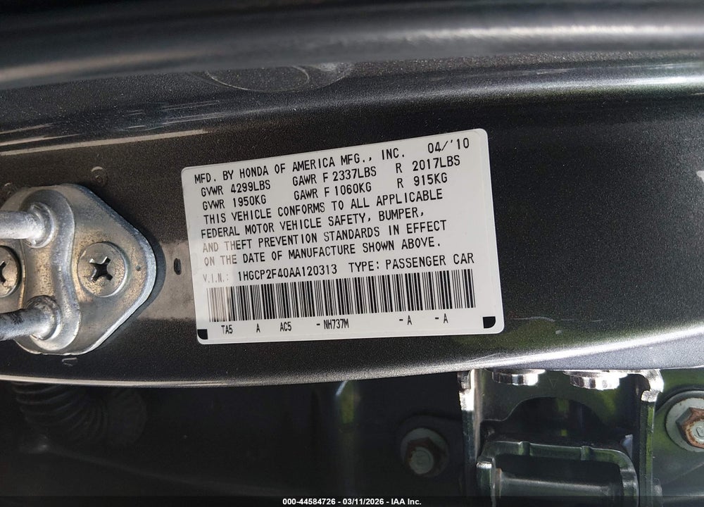 2010 HONDA ACCORD 2.4 LX-P VIN: 1HGCP2F40AA120313