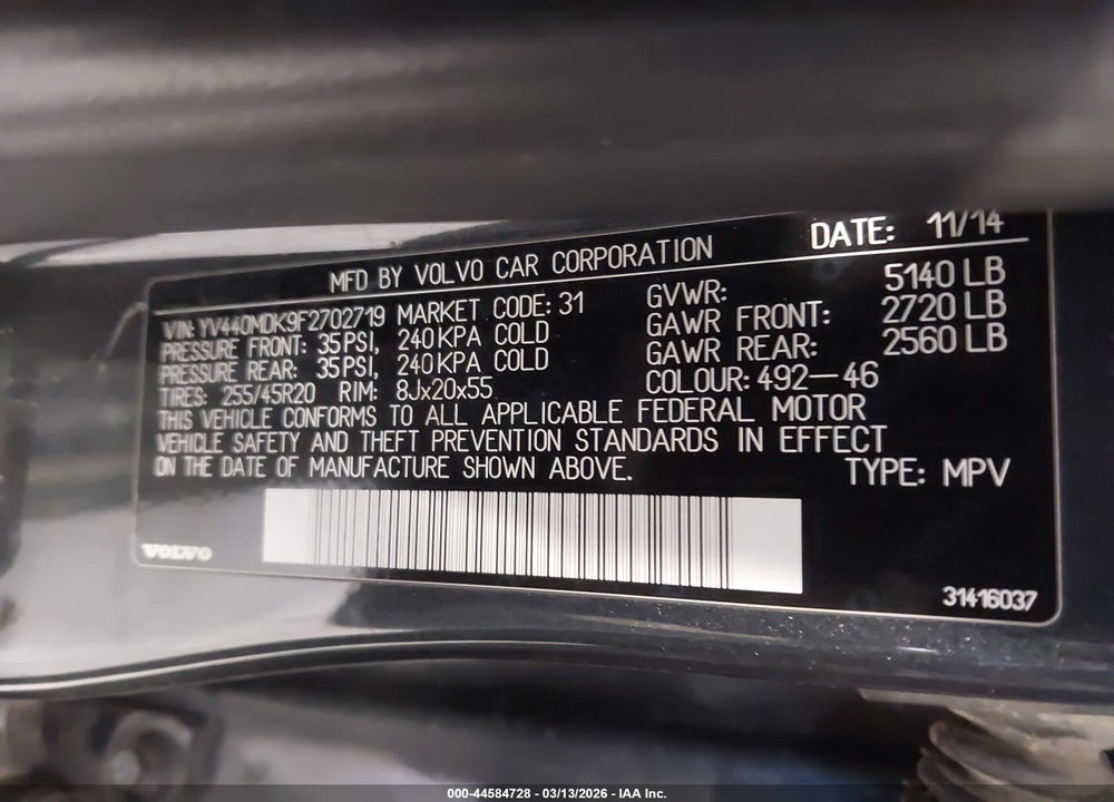 2015 VOLVO XC60 T5 PREMIER VIN: YV440MDK9F2702719