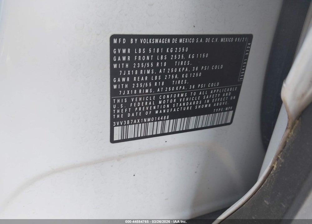 2022 VOLKSWAGEN TIGUAN 2.0T SE VIN: 3VV3B7AX1NM014488