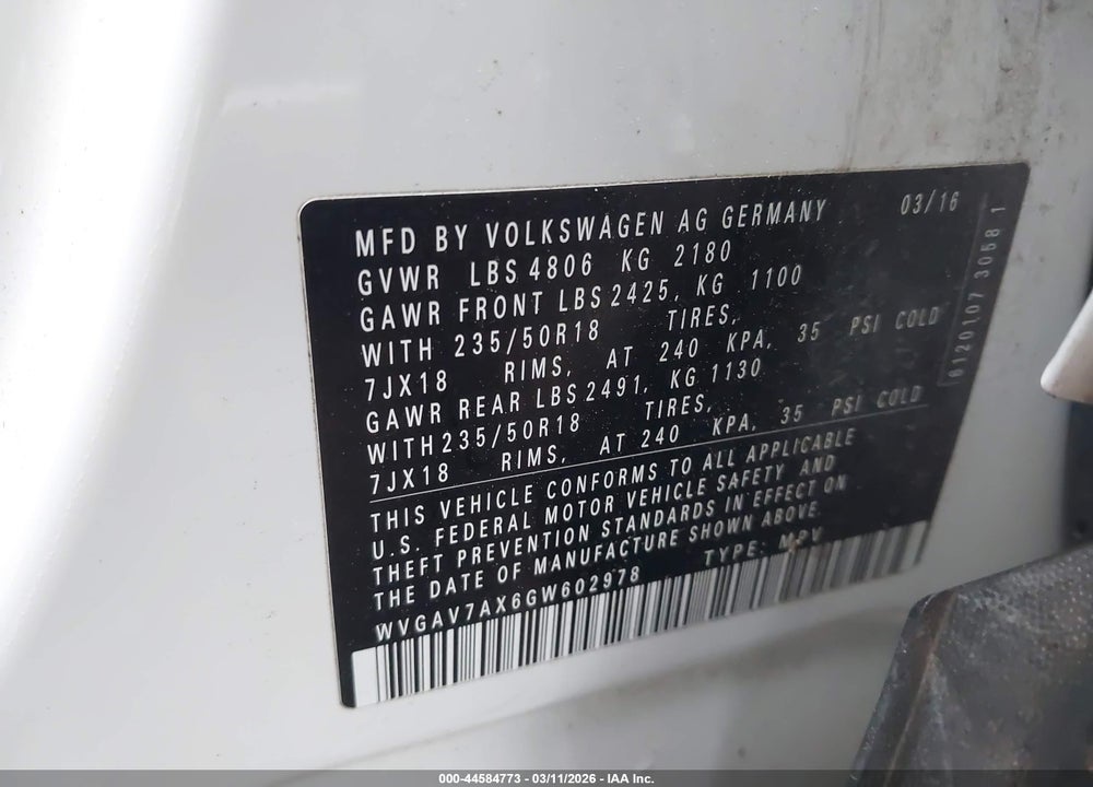 2016 VOLKSWAGEN TIGUAN SE VIN: WVGAV7AX6GW602978