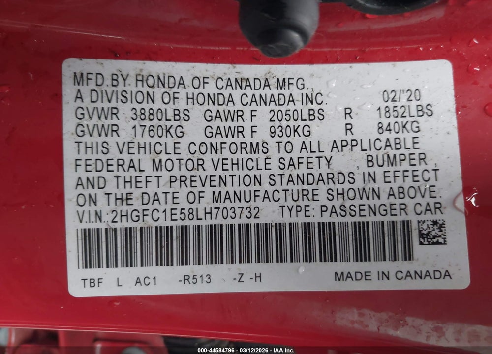 2020 HONDA CIVIC SI SEDAN VIN: 2HGFC1E58LH703732