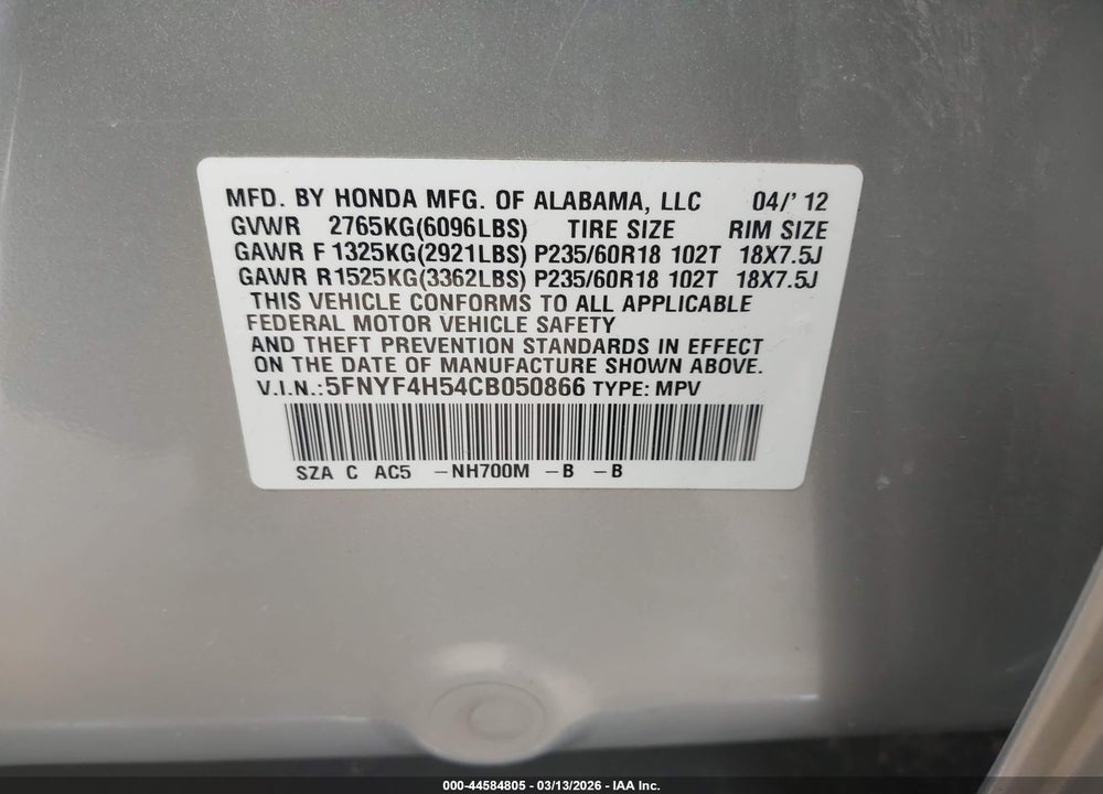 2012 HONDA PILOT EX-L VIN: 5FNYF4H54CB050866