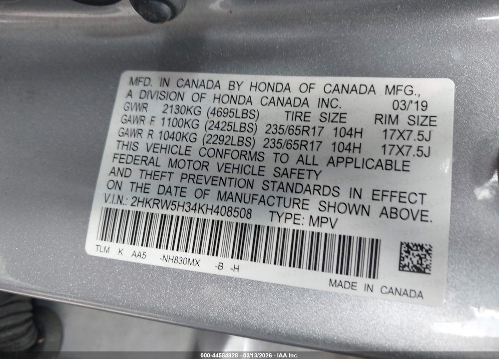 2019 HONDA CR-V LX VIN: 2HKRW5H34KH408508