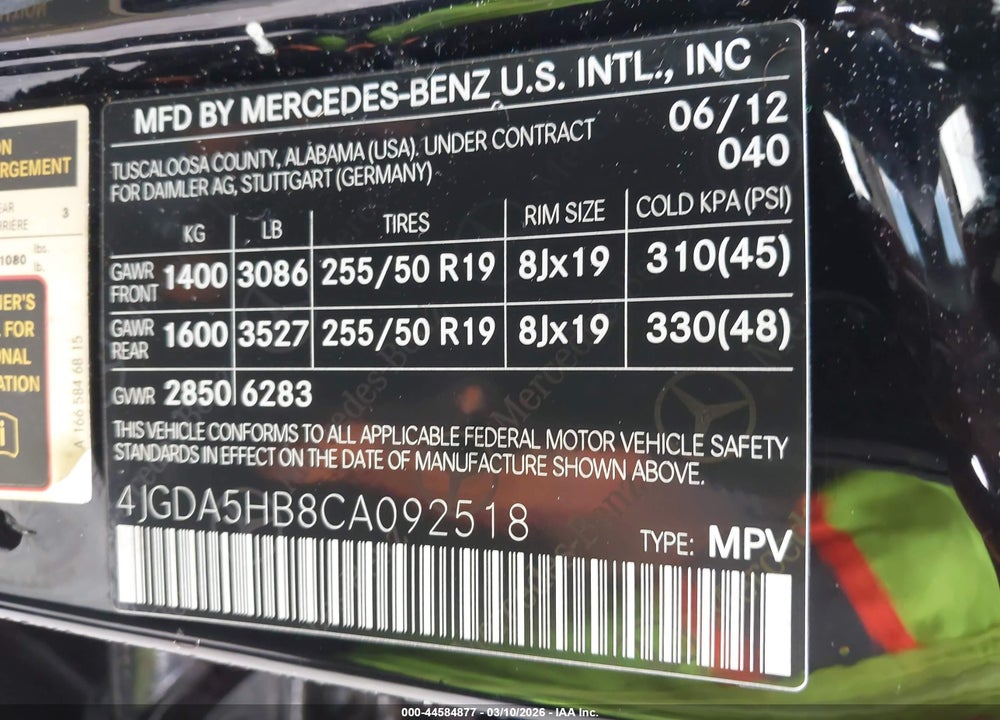 2012 MERCEDES-BENZ ML 350 4MATIC VIN: 4JGDA5HB8CA092518