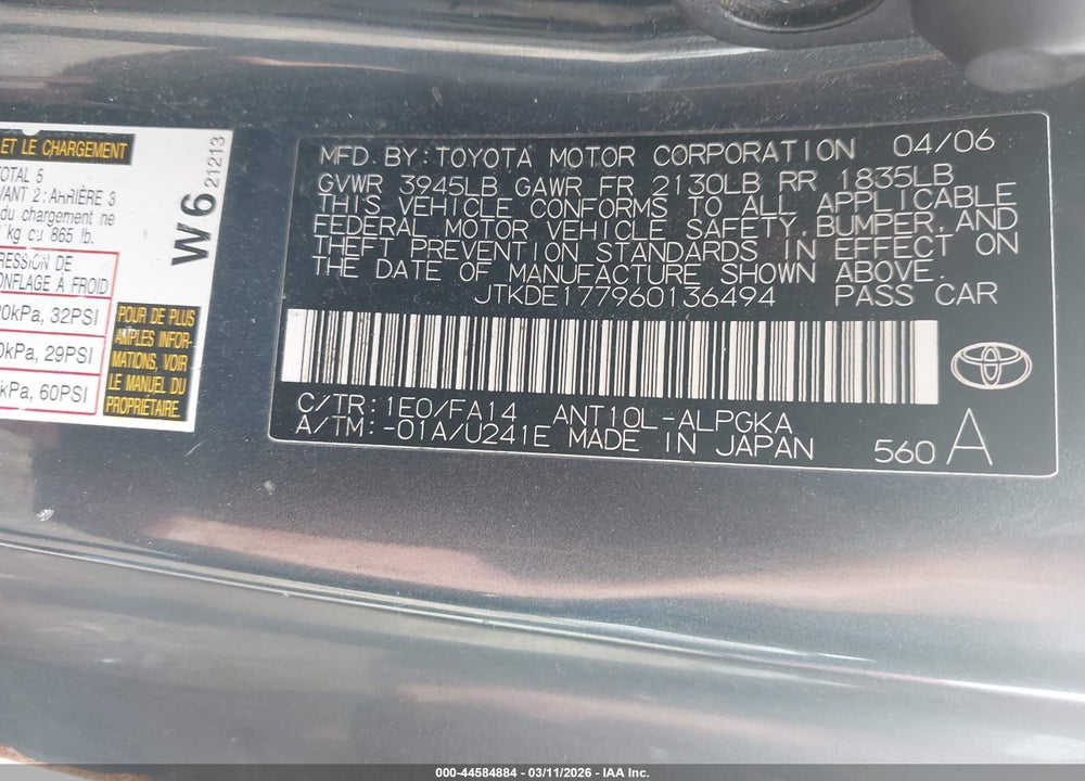 2006 SCION TC VIN: JTKDE177960136494