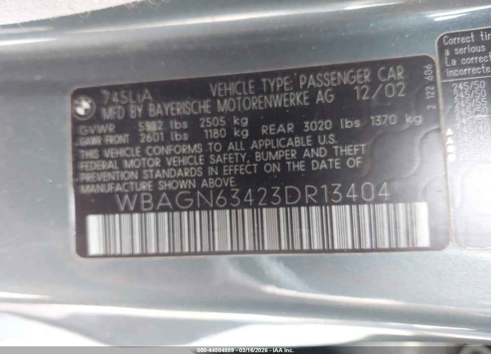 2003 BMW 745LI VIN: WBAGN63423DR13404