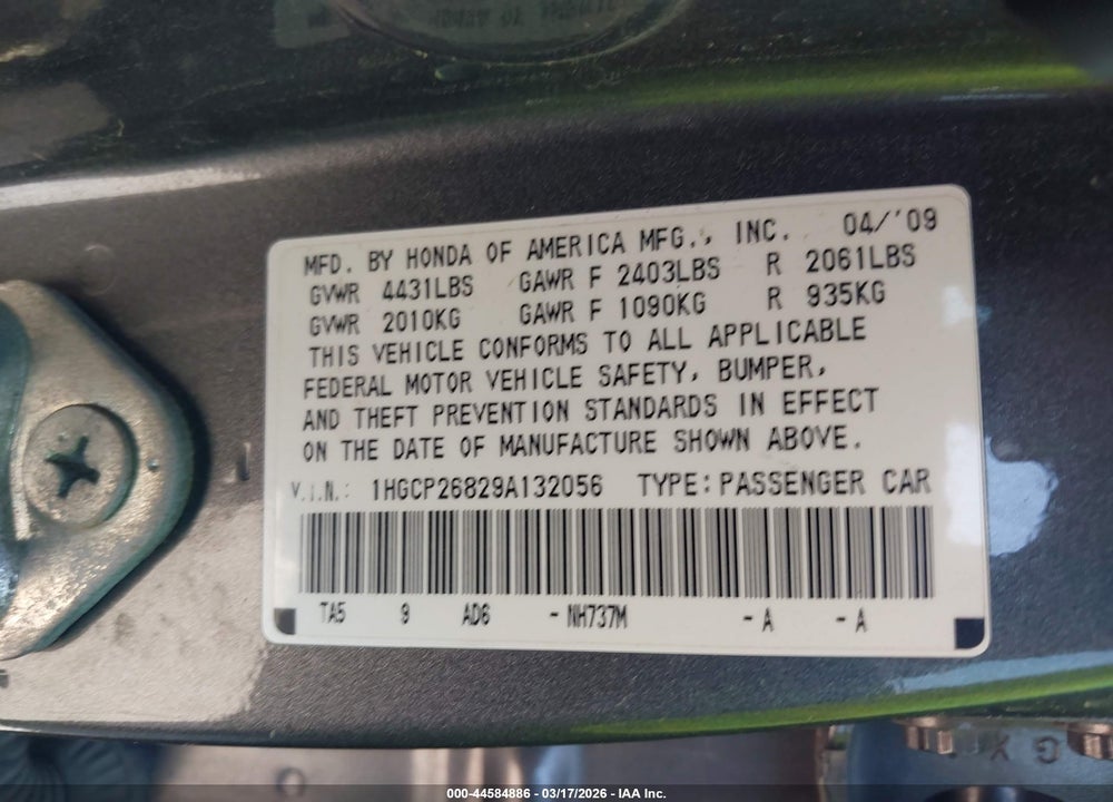 2009 HONDA ACCORD 2.4 EX-L VIN: 1HGCP26829A132056