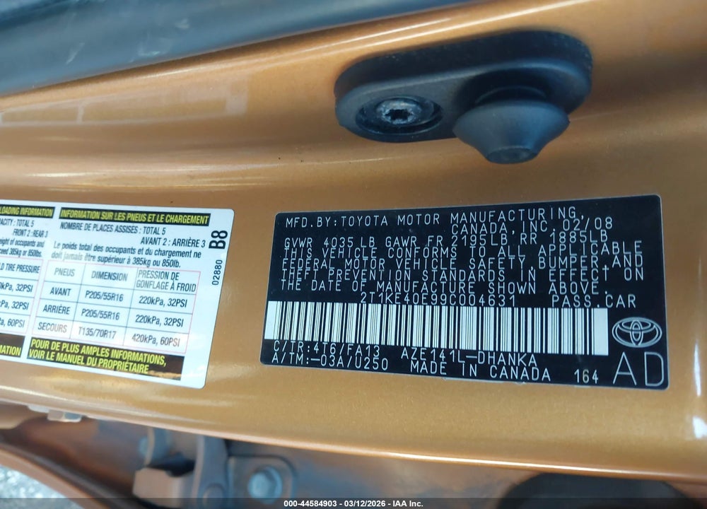 2009 TOYOTA MATRIX S VIN: 2T1KE40E99C004631