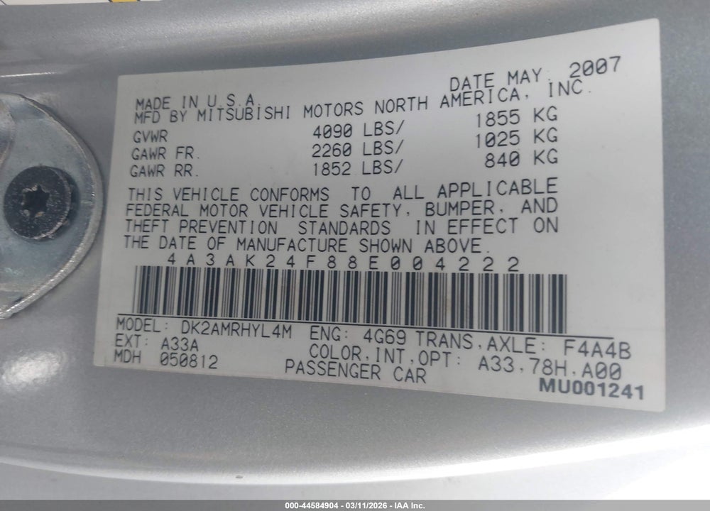 2008 MITSUBISHI ECLIPSE GS VIN: 4A3AK24F88E004222