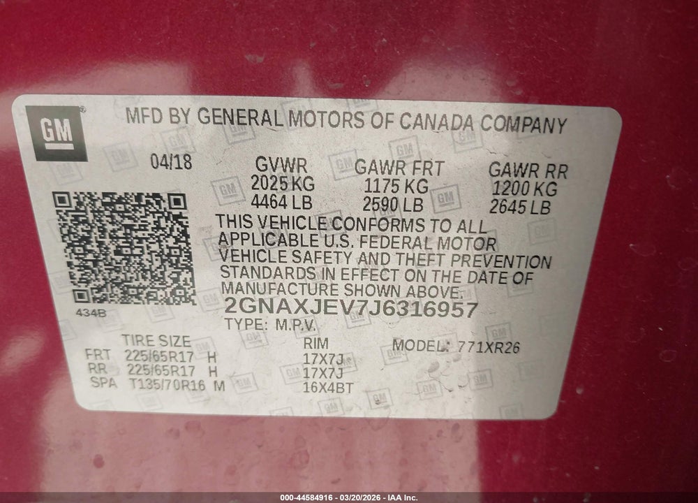 2018 CHEVROLET EQUINOX LT VIN: 2GNAXJEV7J6316957