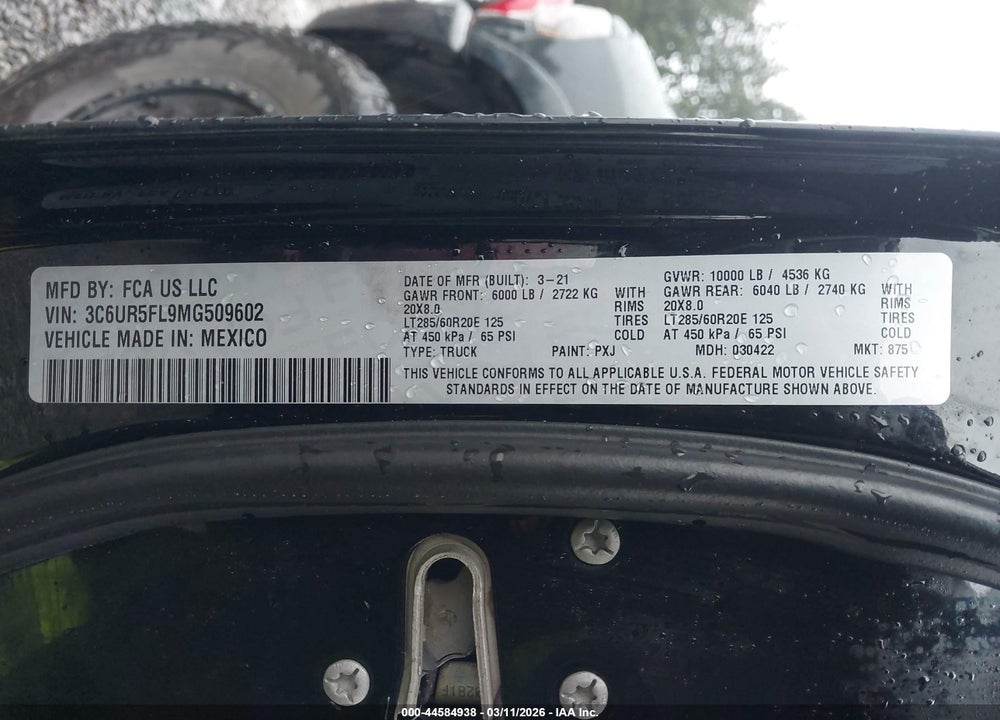 2021 RAM 2500 LAIE  4X4 6'4 BOX VIN: 3C6UR5FL9MG509602