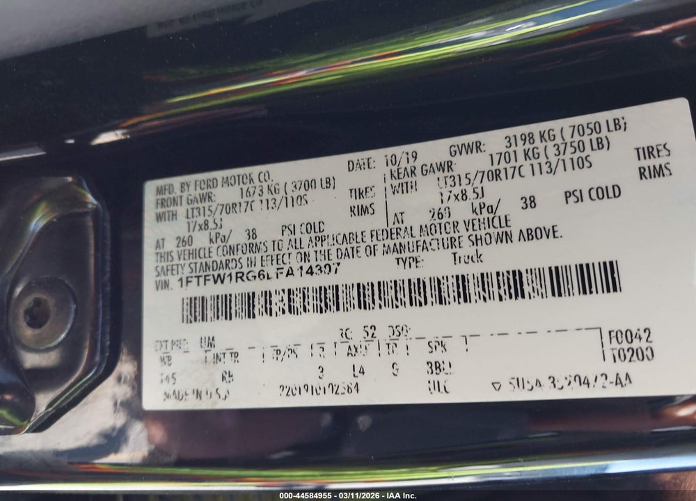 2020 FORD F-150 RAPTOR VIN: 1FTFW1RG6LFA14307