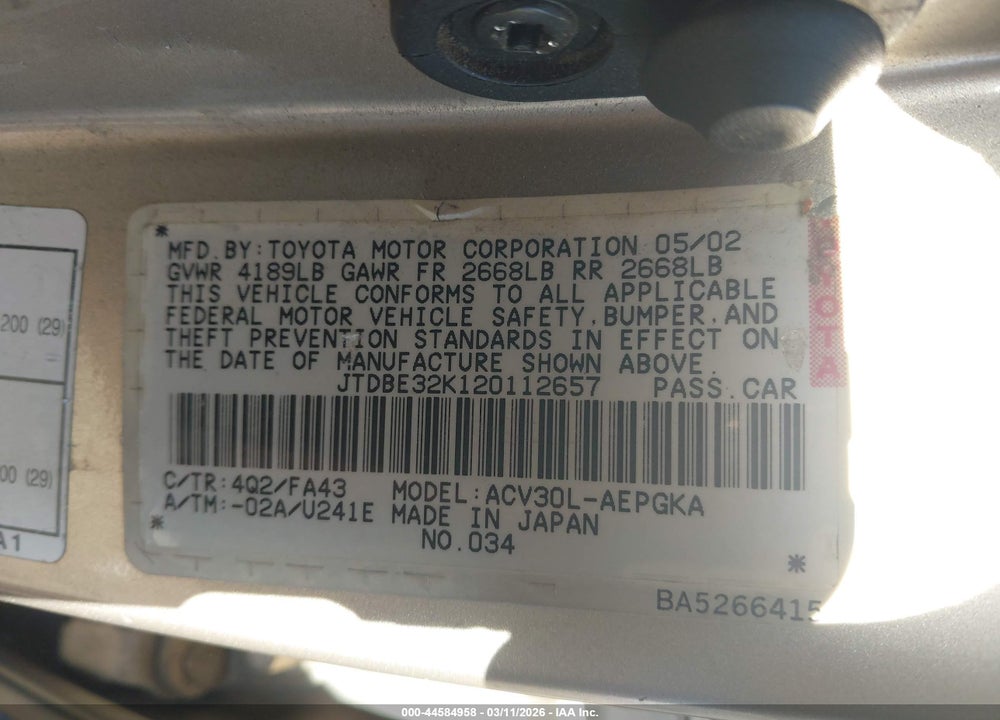 2002 TOYOTA CAMRY XLE VIN: JTDBE32K120112657