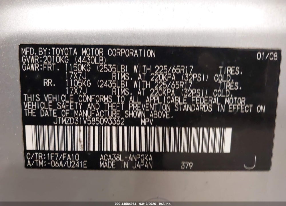 2008 TOYOTA RAV4 LIMITED VIN: JTMZD31V585093362