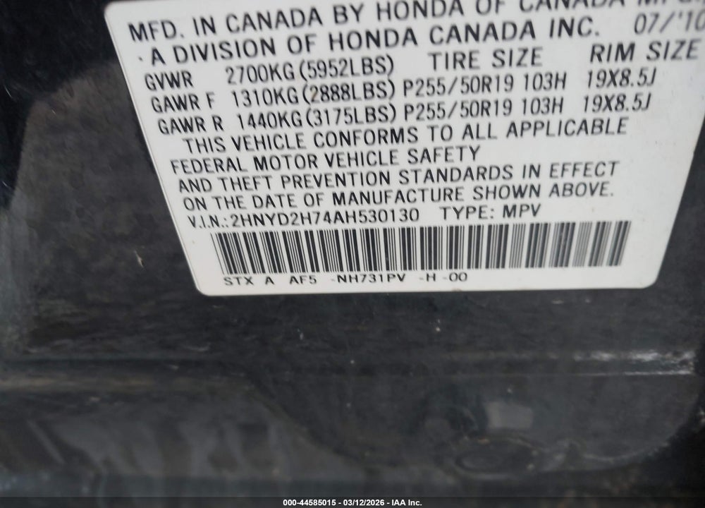 2010 ACURA MDX ADVANCE PACKAGE VIN: 2HNYD2H74AH530130