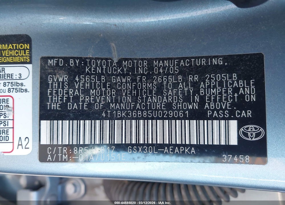 2005 TOYOTA AVALON LIMITED VIN: 4T1BK36B85U029061
