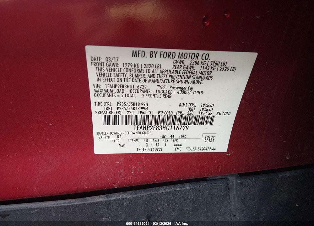 2017 FORD TAURUS SEL VIN: 1FAHP2E83HG116729