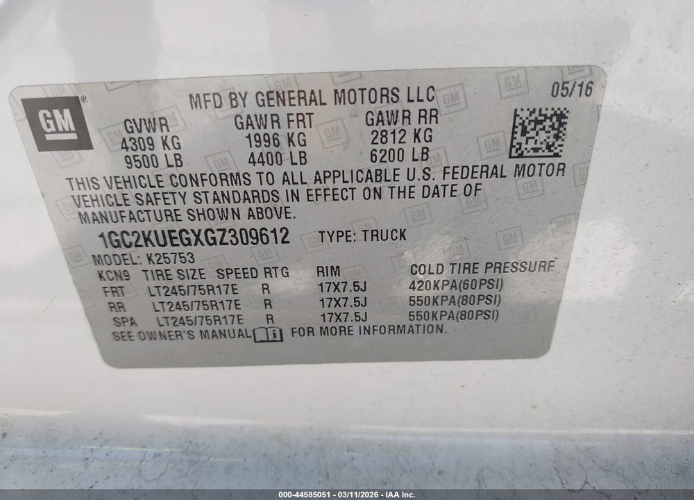 2016 CHEVROLET SILVERADO 2500HD WT VIN: 1GC2KUEGXGZ309612