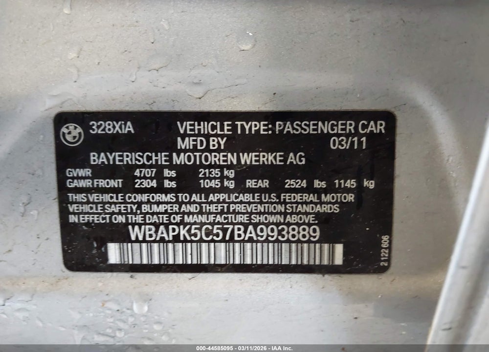 2011 BMW 328I XDRIVE VIN: WBAPK5C57BA993889
