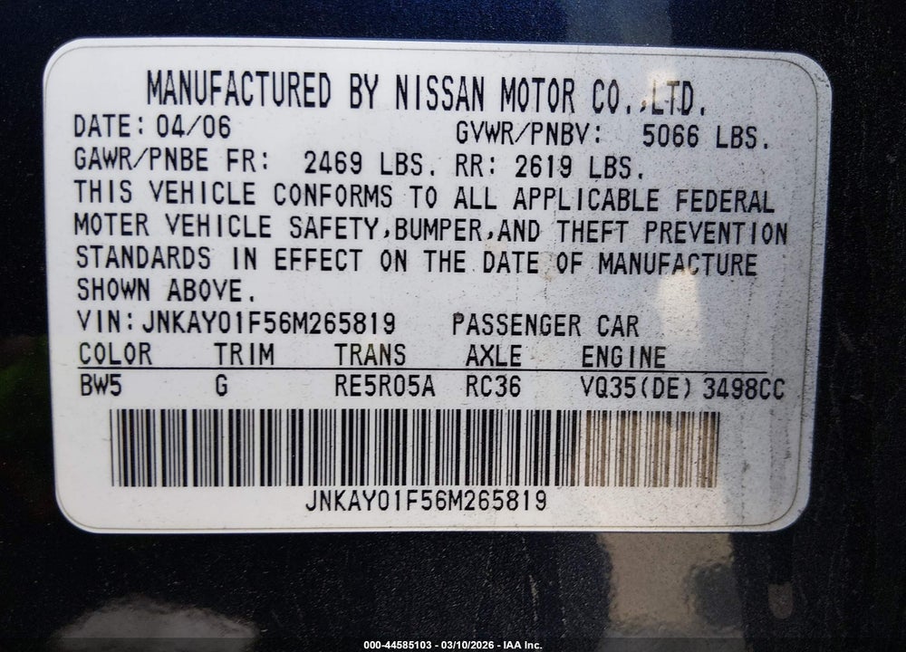 2006 INFINITI M35X VIN: JNKAY01F56M265819
