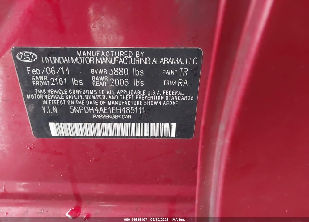 2014 HYUNDAI ELANTRA SE VIN: 5NPDH4AE1EH485111