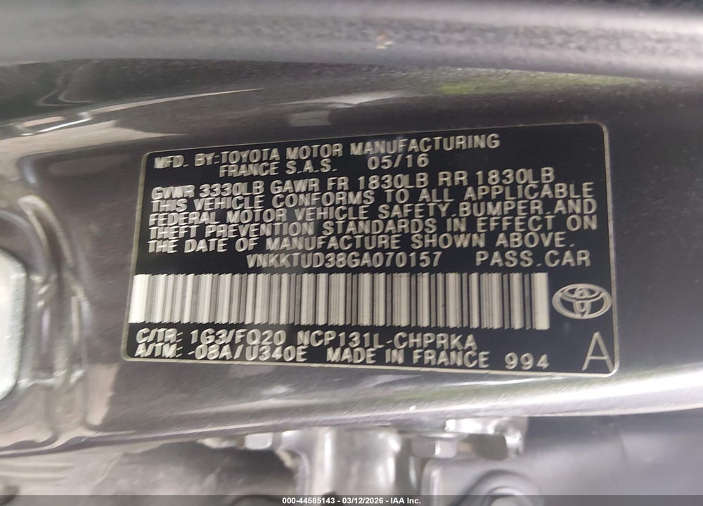 2016 TOYOTA YARIS L VIN: VNKKTUD38GA070157