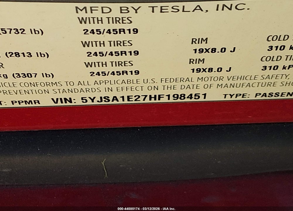 2017 TESLA MODEL S 100D/60D/75D/90D/P100D VIN: 5YJSA1E27HF198451