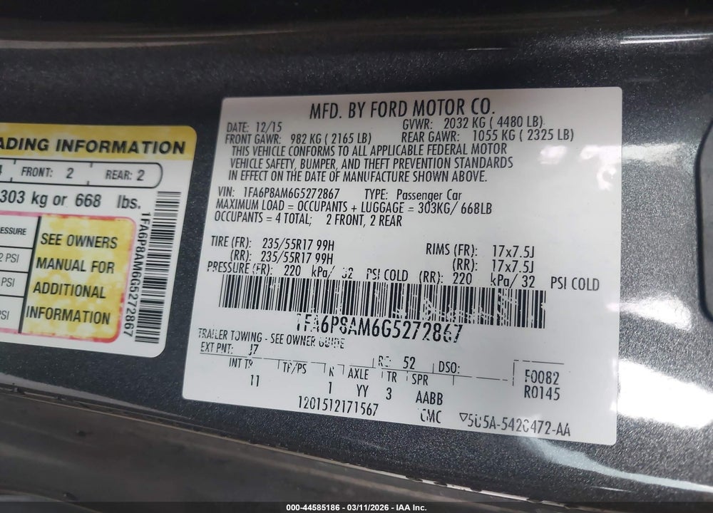 2016 FORD MUSTANG V6 VIN: 1FA6P8AM6G5272867
